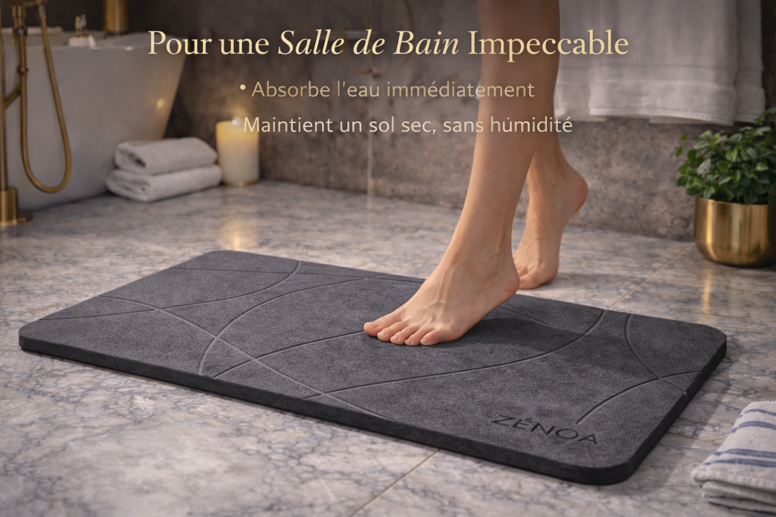 Tapis de Bain Premium en Diatomite Gris à Lignes 60×39 cm – Séchage Instantané | ZÉNOA