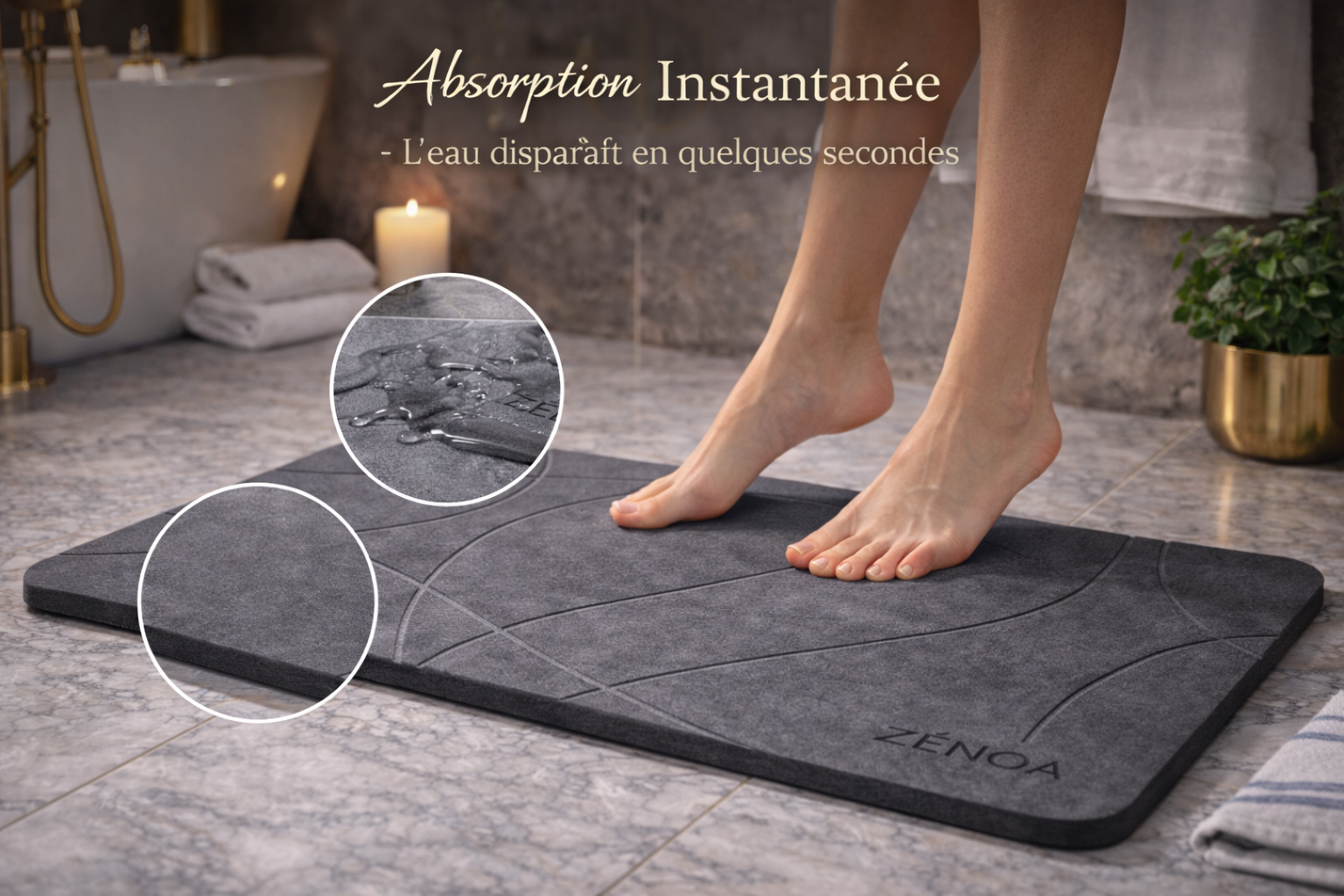 Tapis de Bain Premium en Diatomite Gris à Lignes 60×39 cm – Séchage Instantané | ZÉNOA